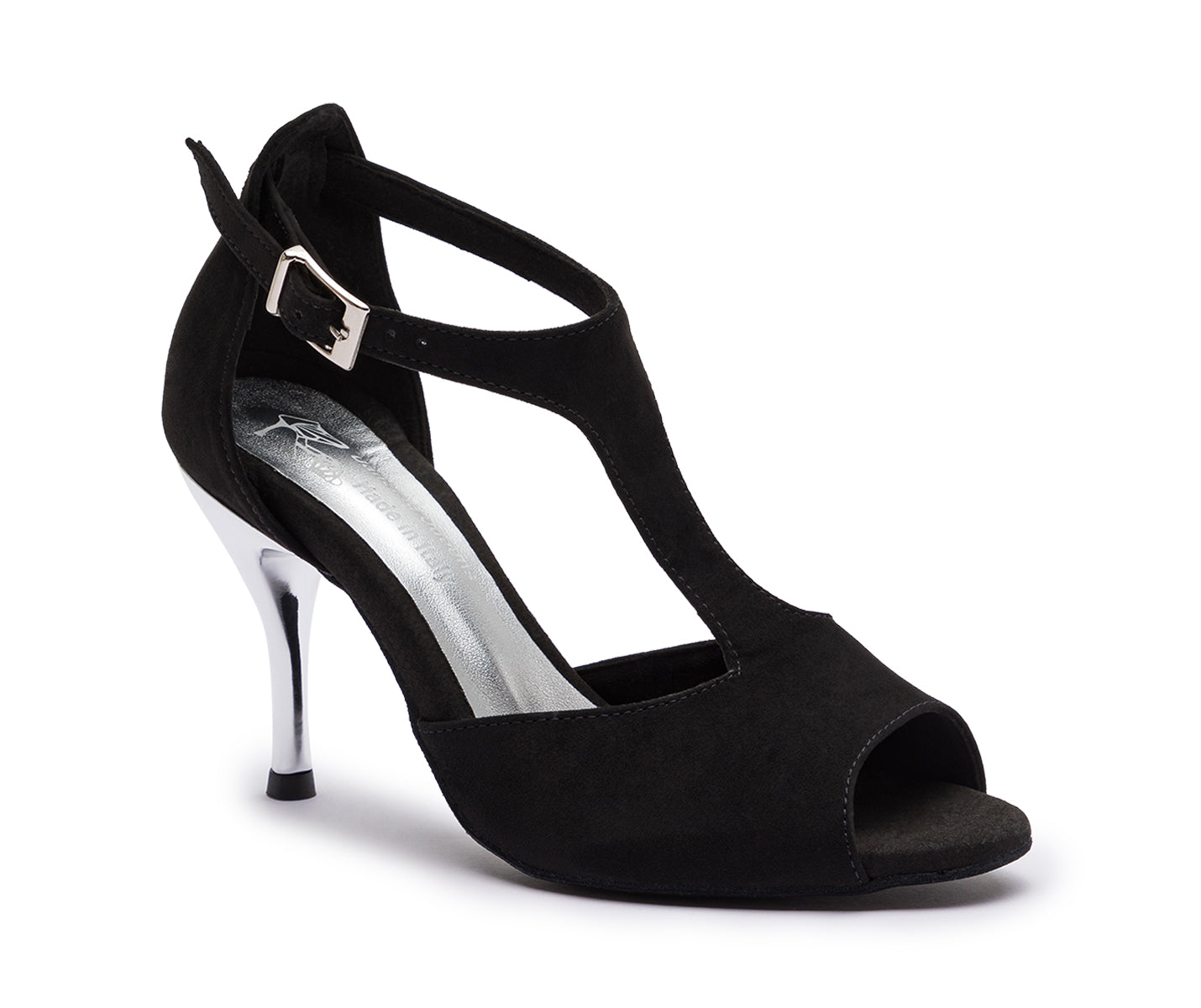 DQ1001 Tanzschuhe von Dancing Queens: Schwarzer offener Absatz mit T-Riemen, silberner Schnalle und metallischem Absatz.